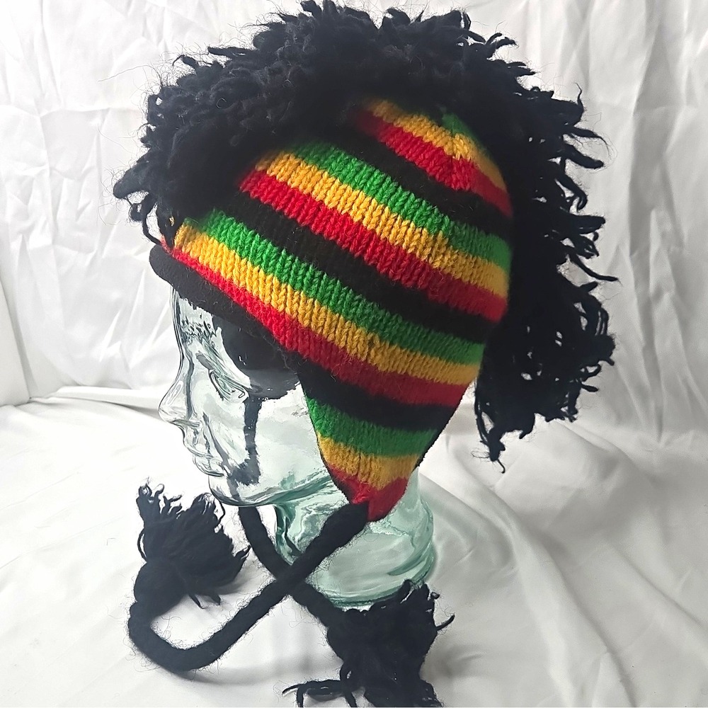 Striped Rasta Beanie Hat w/ Ear Flap, Red Yellow Green Black, One Size Men
